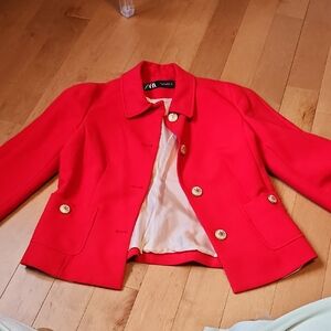 Zara Vibrant Red Blazer with Gold Accents